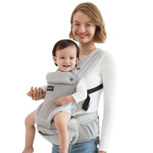 imageMomcozy Baby Carrier with Hip Seat 2in1 ForwardFacing Carry for Active Babies Detachable HandsFree Infant Carrier up to 44lbs All Seasons Toddler Carrier Fits Waist Sizes up to 45 Inches BlackAir MeshGrey