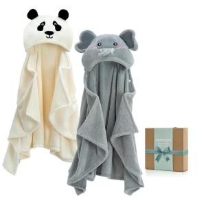 imageMomcozy Hooded Baby TowelsVisualize Health Label 2 Pack Premium Coral Fleece Bath Towel with Large SizeUltra Absorbent for Baby Comfort Great Gift for Newborn Toddler and Kids28quotx 55quot L x WElephant and Panda