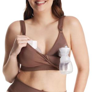 imageMomcozy Lycra Pumping Bra Hands Free with Fixed Padding for Good Shaping Comfortable Support Pumping and Nursing Bra in OneChocolate