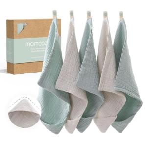 imageMomcozy Soft ampamp Absorbent Baby Washcloths  4 Layer Design Medium Thickness Premium Cotton for Newborns SkinGreat for Bathing Wiping ampamp onThego Use Shower Gift and Essential5 Pack 10x10 inchGreenGray