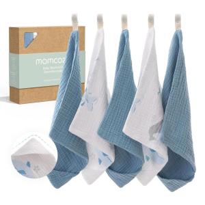 imageMomcozy Soft ampamp Absorbent Baby Washcloths  4 Layer Design Medium Thickness Premium Cotton for Newborns SkinGreat for Bathing Wiping ampamp onThego Use Shower Gift and Essential5 Pack 10x10 inchPlayful Dolphin