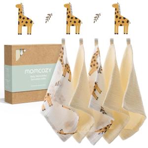 imageMomcozy Soft ampamp Absorbent Baby Washcloths  4 Layer Design Medium Thickness Premium Cotton for Newborns SkinGreat for Bathing Wiping ampamp onThego Use Shower Gift and Essential5 Pack 10x10 inchSunny Giraffe