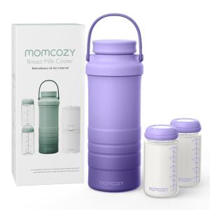 imageMomcozy 22oz Portable Breast Milk Cooler for Outdoor Life Saver with 360 Total Cooling for 24 Hours Larger Capacity Travel Breastmilk Chiller with 2pcs Baby Bottles for Breastmilk Storage GreenPurple