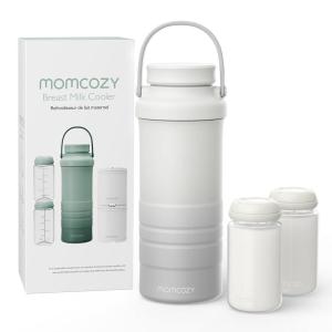 imageMomcozy 22oz Portable Breast Milk Cooler for Outdoor Life Saver with 360 Total Cooling for 24 Hours Larger Capacity Travel Breastmilk Chiller with 2pcs Baby Bottles for Breastmilk Storage GreenCream