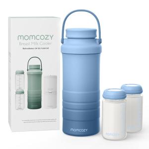 imageMomcozy 22oz Portable Breast Milk Cooler for Outdoor Life Saver with 360 Total Cooling for 24 Hours Larger Capacity Travel Breastmilk Chiller with 2pcs Baby Bottles for Breastmilk Storage GreenBlue