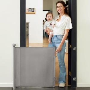 imageMomcozy Auto Lock Retractable Baby Gate Safety Gate for Baby and Pet 33 Tall Extends to 55 Wide Mesh Safety Dog Gate for Stairs Indoor Outdoor Doorways HallwaysGray