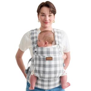 imageMomcozy Baby Carrier  Ergonomic Cozy and Lightweight Carrier for 324 Months Effortless to Put On Ideal for HandsFree Parenting Enhanced Lumbar Support Purehug for Infant to Toddler BlackCotton LinenSlate Checkerboard