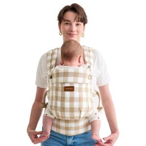 imageMomcozy Baby Carrier  Ergonomic Cozy and Lightweight Carrier for 324 Months Effortless to Put On Ideal for HandsFree Parenting Enhanced Lumbar Support Purehug for Infant to Toddler BlackCotton LinenBrown Checkerboard