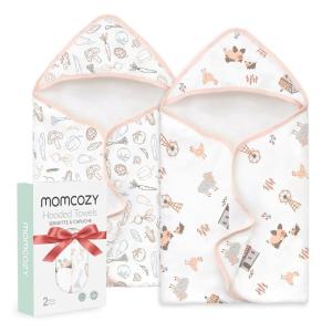 imageMomcozy Baby Hooded Towel 2 Pack Baby Towel Set Super Soft Bath Towel with Original Design Shower Gifts for Infant Toddler 28 X 28 Inch Lemon LeavesJoy