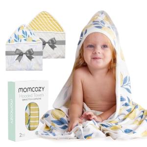 imageMomcozy Baby Hooded Towel 2 Pack Baby Towel Set Super Soft Bath Towel with Original Design Shower Gifts for Infant Toddler 28 X 28 Inch Lemon LeavesLemon Leaves