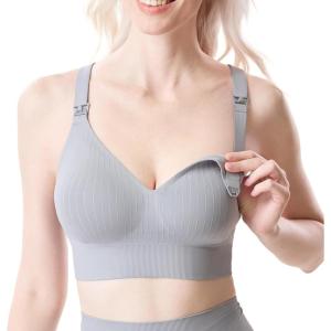 imageMomcozy CoolFit Nursing Sports Bra Racerback Nursing Bras for Workout and Yoga Soft Stretchy Ribbed Support Maternity BraGray