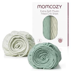 imageMomcozy Muslin Fitted Mini Crib Sheets 38quotx26quot 2 Pack Soft Breathable Natural Cotton Baby Mattress Sheet 360 Mattress Wrapping No Slip Boys Girls Neutral Toddler Bed Sheet Grey GreenGreen Grey