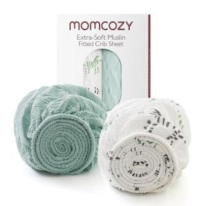 imageMomcozy Muslin Fitted Mini Crib Sheets 38quotx26quot 2 Pack Soft Breathable Natural Cotton Baby Mattress Sheet 360 Mattress Wrapping No Slip Boys Girls Neutral Toddler Bed Sheet Grey GreenBravery Zebra