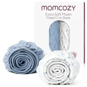 imageMomcozy Muslin Fitted Mini Crib Sheets 38quotx26quot 2 Pack Soft Breathable Natural Cotton Baby Mattress Sheet 360 Mattress Wrapping No Slip Boys Girls Neutral Toddler Bed Sheet Grey GreenBlue White Star Moon