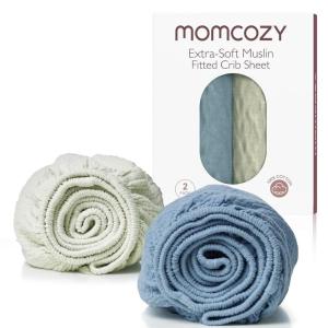 imageMomcozy Muslin Fitted Mini Crib Sheets 38quotx26quot 2 Pack Soft Breathable Natural Cotton Baby Mattress Sheet 360 Mattress Wrapping No Slip Boys Girls Neutral Toddler Bed Sheet Grey GreenBlue Grey