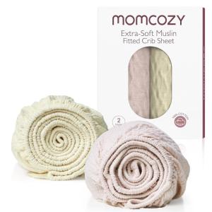 imageMomcozy Muslin Fitted Mini Crib Sheets 38quotx26quot 2 Pack Soft Breathable Natural Cotton Baby Mattress Sheet 360 Mattress Wrapping No Slip Boys Girls Neutral Toddler Bed Sheet Grey GreenCream Blush