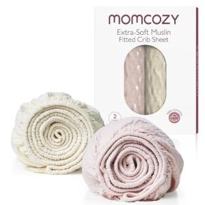 imageMomcozy Muslin Standard Fitted Crib Sheets 52quotx28quot 2 Pack Soft Breathable Natural Cotton Baby Mattress Sheet 360 Mattress Wrapping No Slip Boys Girls Neutral Toddler Bed Sheet Blue Star MoonBeige Light Blush