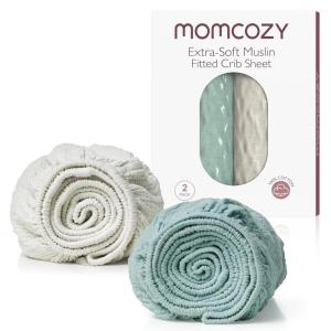 imageMomcozy Muslin Standard Fitted Crib Sheets 52quotx28quot 2 Pack Soft Breathable Natural Cotton Baby Mattress Sheet 360 Mattress Wrapping No Slip Boys Girls Neutral Toddler Bed Sheet Blue Star MoonCrisp Green Grey