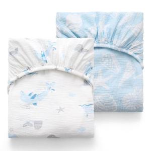imageMomcozy Muslin Standard Fitted Crib Sheets 52quotx28quot 2 Pack Soft Breathable Natural Cotton Baby Mattress Sheet 360 Mattress Wrapping No Slip Boys Girls Neutral Toddler Bed Sheet Blue Star MoonOcean Sound