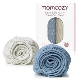 imageMomcozy Muslin Standard Fitted Crib Sheets 52quotx28quot 2 Pack Soft Breathable Natural Cotton Baby Mattress Sheet 360 Mattress Wrapping No Slip Boys Girls Neutral Toddler Bed Sheet Blue Star MoonSky Realm Blue Grey
