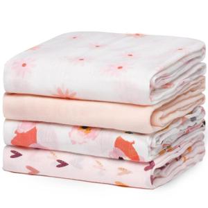 imageMomcozy Muslin Swaddle Blankets 4 Pack Soft and Breathable SkinFriendly Large 47 X 47 Inches Neutral Matching Baby Swaddling Receiving Blankets for Newborn Girls and BoysHeart Flower