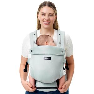 imageMomcozy Newborn Baby Carrier  Ergonomic Cozy and Lightweight Carrier for 724lbs Adjustable Neck Support with Sunshield Breathable Airmesh Perfect for Summer Outing KhakiSilver Grey