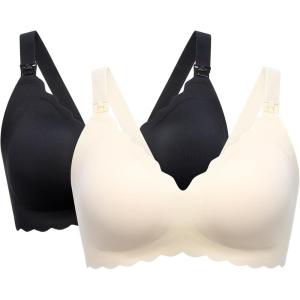 imageMomcozy Nursing Bras for Breastfeeding Seamless Pregnancy Maternity Bra Wireless Classic Jelly Strip Support Nursing Bra2 Packblack cream