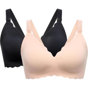 imageMomcozy Nursing Bras for Breastfeeding Seamless Pregnancy Maternity Bra Wireless Classic Jelly Strip Support Nursing Bra2 Packblack oyster Pink