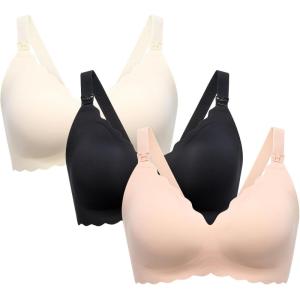 imageMomcozy Nursing Bras for Breastfeeding Seamless Pregnancy Maternity Bra Wireless Classic Jelly Strip Support Nursing Bra3 Packblack  Oyster Pink  Cream