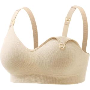 imageMomcozy Nursing Bras for Breastfeeding Soft US Cotton Seamless Maternity Bra Fixed Padding Wireless PregnancyWarm Oatmeal