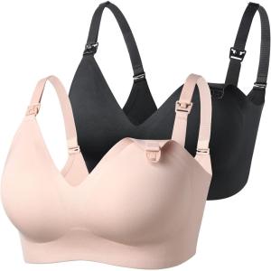imageMomcozy Nursing Bras for Breastfeeding YN21 Seamless Ultra Comfort Maternity Bra Natural Shape Pregnancy Sleep Bralette2 Packblack beige