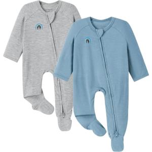 imageMomcozy Unisex Baby Pajamas BabyTemp Monitoring Double Zipper Boy Girl Sleepers Rompers Footie 2 Pack Light Weight Stretchy Viscose Derived from Bamboo Baby Jammies Newborn Blue Grey
