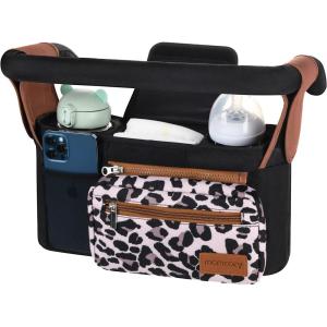 imageMomcozy Universal Stroller Organizer with Insulated Cup Holder Detachable Phone Bag ampamp Shoulder Strap Fits for Stroller like Uppababy Baby Jogger Britax BOB Umbrella and Pet StrollerLeopard