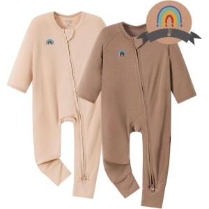 imageMomcozy Unisex Baby Pajamas BabyTemp Monitoring Double Zipper Boy Girl Sleepers Rompers Footie 2 Pack Light Weight Stretchy Viscose Derived from Bamboo Baby Jammies 612 M Pinkish Grey Brown