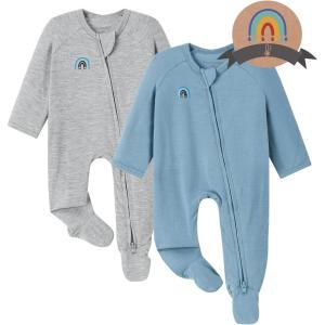 imageMomcozy Unisex Baby Pajamas BabyTemp Monitoring Double Zipper Boy Girl Sleepers Rompers Footie 2 Pack Light Weight Stretchy Viscose Derived from Bamboo Baby Jammies 03 M Blue Grey