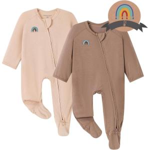imageMomcozy Unisex Baby Pajamas BabyTemp Monitoring Double Zipper Boy Girl Sleepers Rompers Footie 2 Pack Light Weight Stretchy Viscose Derived from Bamboo Baby Jammies 03 M Pinkish Grey Brown