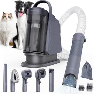 imageDog Grooming Kit FurEase Dog Grooming Vacuum with Dog Clippers for Grooming 13000Pa Powerful Dog Vacuum for Shedding Grooming with 5 Pet Grooming Tools Iron Gray 25 Liter CanisterIron Gray