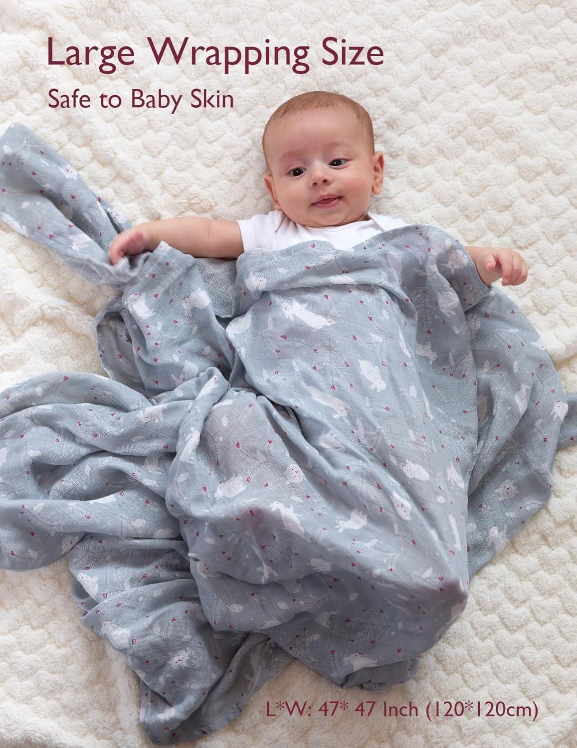 imageMomcozy Muslin Swaddle Blankets 4 Pack Ultra Soft Neutral Matching Breathable 2Layer Gauze Large 47 x 47 Baby Swaddling Receiving Blanket Wraps for Newborn Boys Girls Rabbit