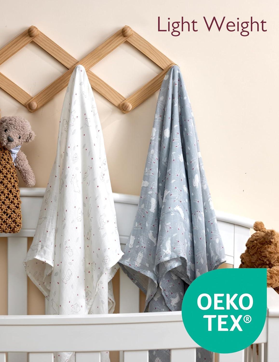 imageMomcozy Muslin Swaddle Blankets 4 Pack Ultra Soft Neutral Matching Breathable 2Layer Gauze Large 47 x 47 Baby Swaddling Receiving Blanket Wraps for Newborn Boys Girls Rabbit