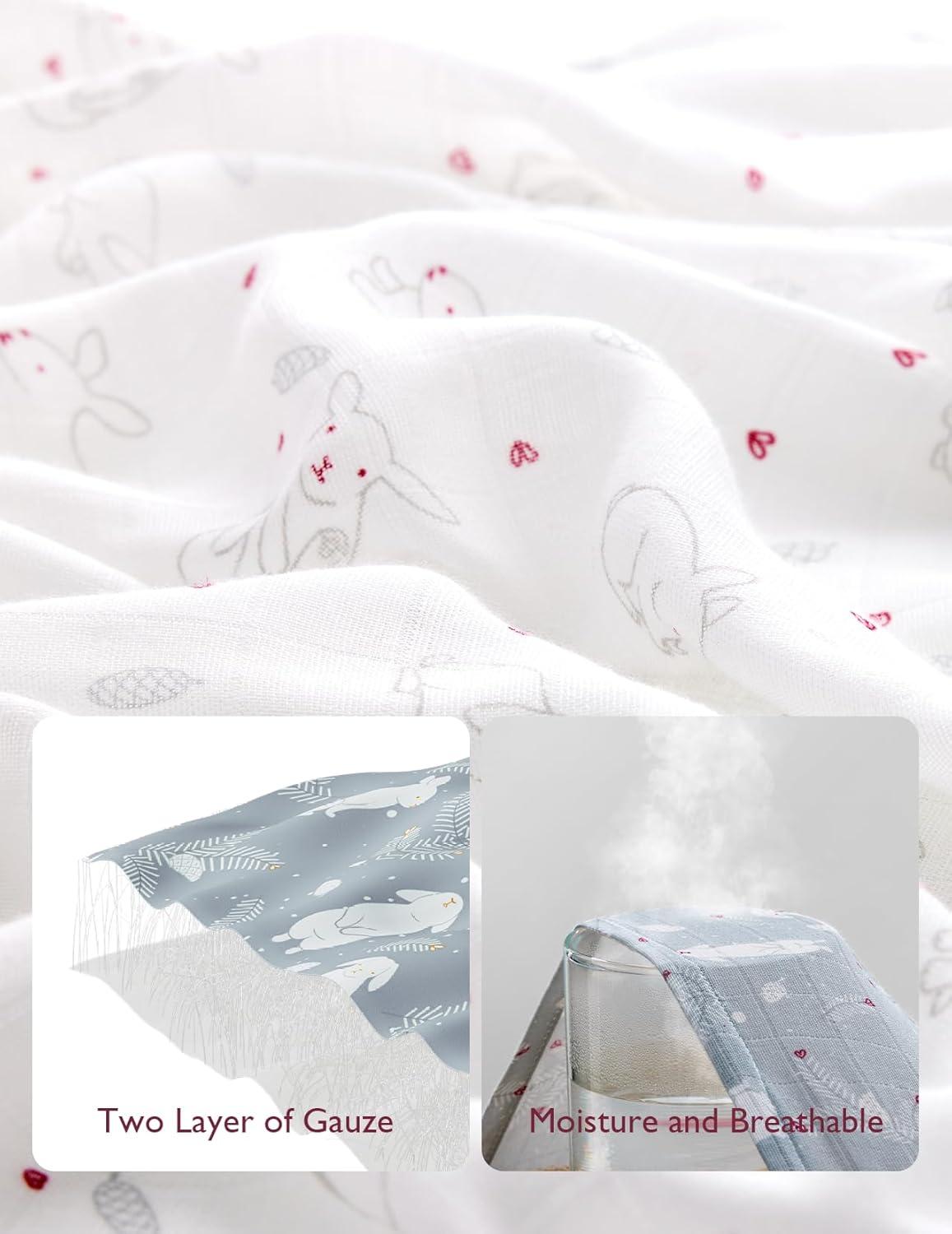 imageMomcozy Muslin Swaddle Blankets 4 Pack Ultra Soft Neutral Matching Breathable 2Layer Gauze Large 47 x 47 Baby Swaddling Receiving Blanket Wraps for Newborn Boys Girls Rabbit