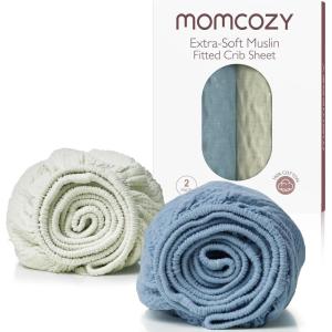 imageMomcozy Muslin Standard Fitted Crib Sheets 52quotx28quot 2 Pack Soft Breathable Natural Cotton Baby Mattress Sheet 360 Mattress Wrapping No Slip Boys Girls Neutral Toddler Bed Sheet Bravery ZebraGrey Blue