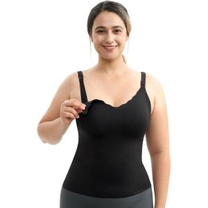imageMomcozy Nursing Tank Tops for Breastfeeding Seamless Nursing Cami with Builtin Bra Adjustable Straps Scalloped Design Black
