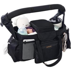imageMomcozy Extra Large Stroller Organizer Max  with Food Grade Pacifier Teether Bag  2 Insulated Cup Holder  Silicone AntiSlip Straps  3Way Usage  Detachable Small Pouch  for UPPAbabyDoonaBlack