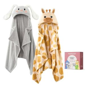 imageMomcozy Baby Bath Towels with Visualize Health Label  Ultra Soft ampamp Absorbent Coral Fleece Hooded Towels for Newborn Infant Toddler 036 Months Bath Essentials Large Size2 PackGiraffe and Rabbit