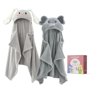 imageMomcozy Baby Bath Towels with Visualize Health Label  Ultra Soft ampamp Absorbent Coral Fleece Hooded Towels for Newborn Infant Toddler 036 Months Bath Essentials Large Size2 PackElephant and Rabbit