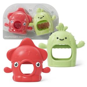 imageMomcozy 2 Pack Baby Teething Toys Food Grade Silicone Baby Teethers for 012 Months Baby Teether Mitten Wrist Teether Set Easy Grip Teething Relief with Multiple Chew Points RedampGrass GreenRed and Grass Green