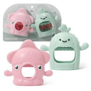 imageMomcozy 2 Pack Baby Teething Toys Food Grade Silicone Baby Teethers for 012 Months Baby Teether Mitten Wrist Teether Set Easy Grip Teething Relief with Multiple Chew Points RedampGrass GreenPink and Mint Green