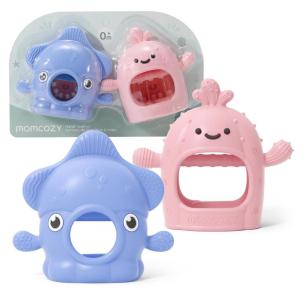 imageMomcozy 2 Pack Baby Teething Toys Food Grade Silicone Baby Teethers for 012 Months Baby Teether Mitten Wrist Teether Set Easy Grip Teething Relief with Multiple Chew Points RedampGrass GreenBlue and Pink