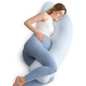 imageMomcozy JShaped Pregnancy Pillow for Sleeping with Cooling Cover Side Sleeper Support for Belly Hip amp Leg Deep GreyBlue