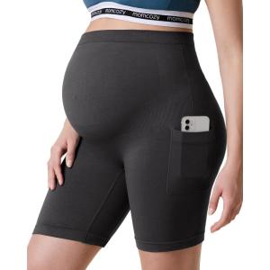 imageMomcozy Women Maternity Biker Shorts with Pocket 6 Over Belly High Waisted Pregnancy Yoga Shorts Seamless Casual ActivewearDusty Blue